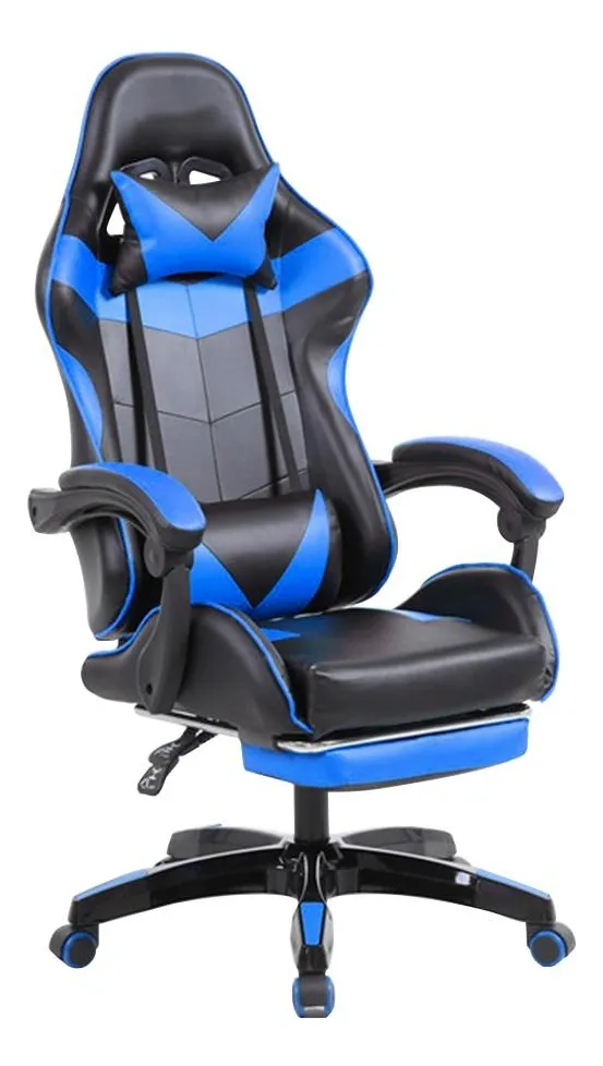 Cadeira Gamer 135° Reclinável 120kg Couro PU Apoio de Pés Ergonômica Preto e Azul